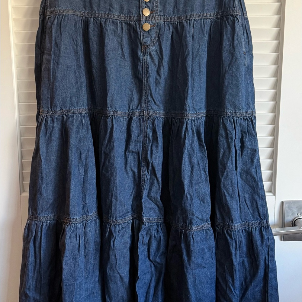 Cider Dark Blue Tiered Button-Front Maxi Skirt